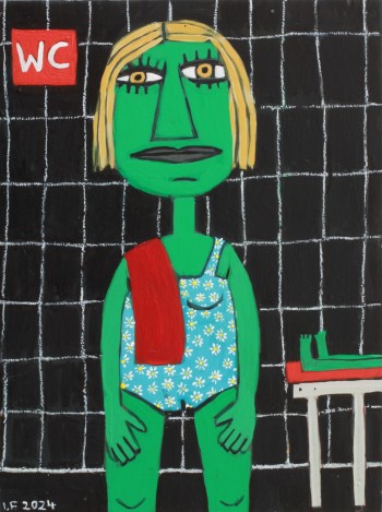 Nr. 5 Im Badehaus 2024  Acryl u. Kohle u. Ölkreide a. Holz 40 x 30 cm