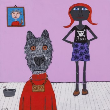 Nr. 61 Mei Freindin hod an Hund 2018 Acryl und Ölkreide auf Holz 60 x 60 cm