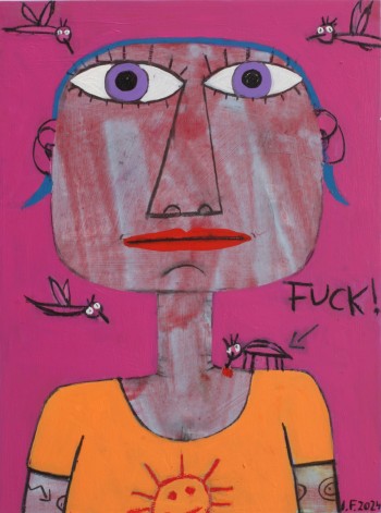 Nr. 7 Mückenterror 2024 Acryl u. Kohle a. Holz 40 x 30 cm