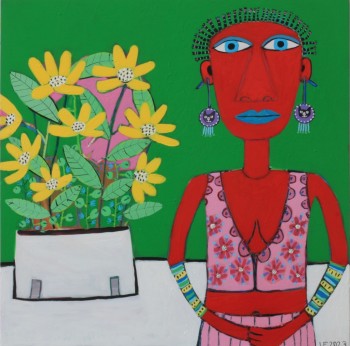 Nr. 62 Rote Frau 2023 Acryl und Ölkreide auf Holz 60 x 60 cm